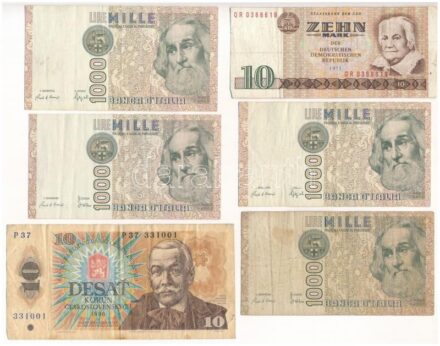 Vegyes 9db-os papírpénz tétel, benne kanadai, olasz, csehszlovák és NDK bankjegyek T:vegyes Mixed 9pcs of paper money lot with Canadian, Italian, Czechoslovakian and GDR banknotes C:mixed