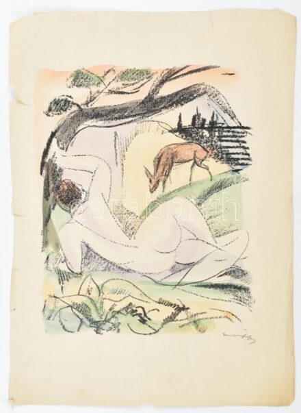 Márffy Ödön (1878-1959): Női akt őzzel. Színezett litográfia, papír, jelzett, 34×25 cm Szakadással