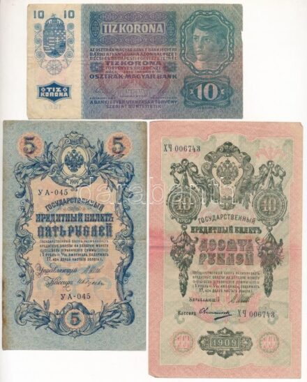 Vegyes: 1915. 10K + Orosz Birodalom 1912-1917. (1898) 1R Szign.: Shipov foltos + 1912-1917. (1909) 5R Szign.: Shipov + 10R Szign.: Shipov T:II-,III Hungary 1915. 10 Korona + Mixed: Russian Empire 1912-1917. (1898) 1 Ruble Sign.: Shipov spotted +