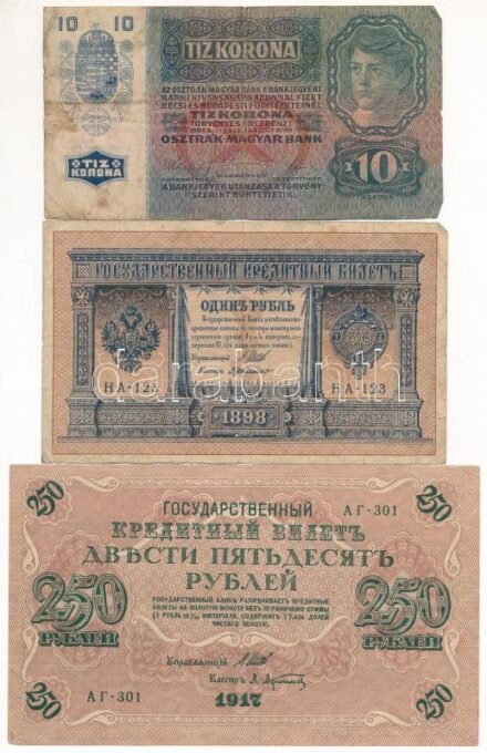 Vegyes: 1915. 10K + Orosz Birodalom 1912-1917. (1898) 1R Szign.: Shipov + 1917. 250R Szign.: Shipov T:III,III- Mixed: Hungary 1915. 10 Korona + Russian Empire 1912-1917. (1898) 1 Ruble Sign.: Shipov + 1917. 250 Rubles Sign.: Shipov C:F,VG