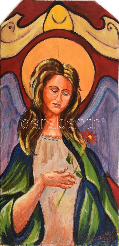 Guzy Marcin (1942-), lengyel festő: Szent. Tempera, fa. Jelezve jobbra lent. Hátoldalán címkén feliratozott. 47x23 cm