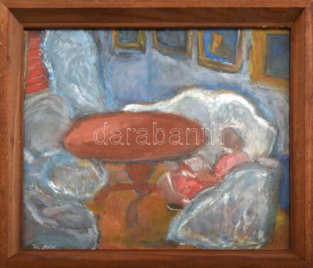 Olvashatatlan jelzéssel: Hölgy enteriőrben. Olaj, karton. Üvegezett fakeretben. 20x22,5 cm