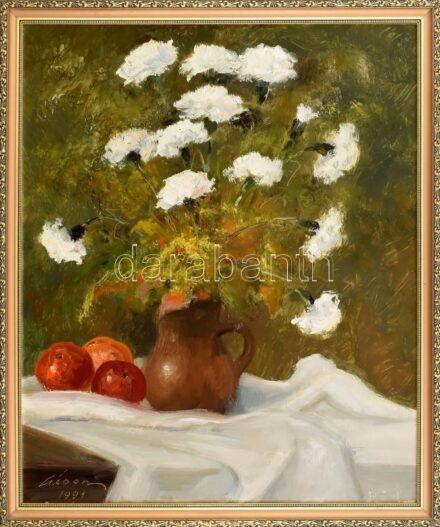Gádor jelzéssel: Csendélet. Olaj, karton. Kissé sérült. Dekoratív fakeretben, 60×50 cm