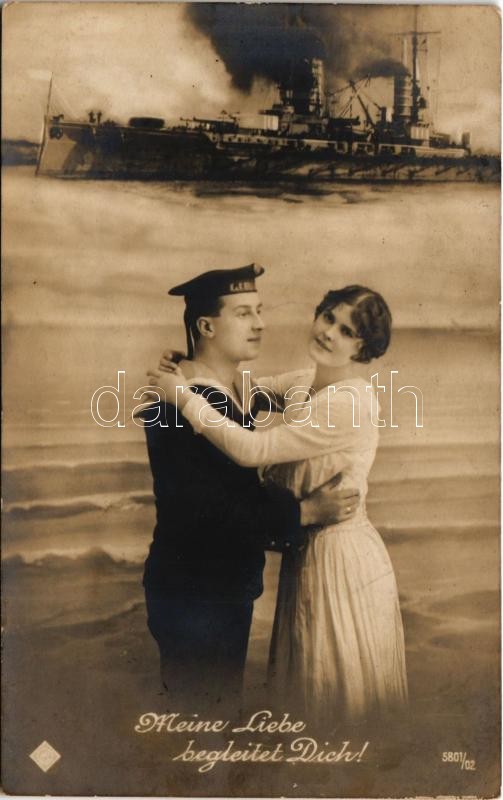 Osztrák-magyar haditengerészet matróza a szerelmével / K.u.K. Kriegsmarine Matrose. Meine Liebe begleitet Dich! / Austro-Hungarian Navy mariner with his lover + 'K.u.K. Marinefeldpostamt'