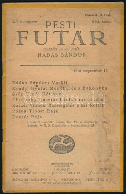 1919 A Pesti Futár 12. évfolyamának 583. száma, foltos borító, tűzésnél szakadással