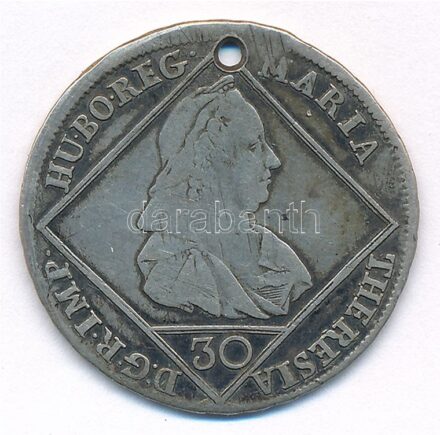 Ausztria 1769IC-SK 30kr Ag 'Mária Terézia' T:2- patina, ly. Austria 1769IC-SK 30 Kreuzer Ag 'Maria Terézia' C:VF patina, holed Krause KM#1835