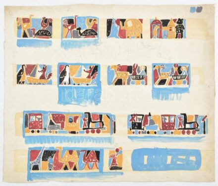 Rác András (1926-2013), kétoldalas mű: Család (Mozaik- vagy falképterv). Tempera, ceruza, papír. Jelzés nélkül. Lap széle kissé sérült. Proveniencia: A művész hagyatéka. 43x50,5 cm