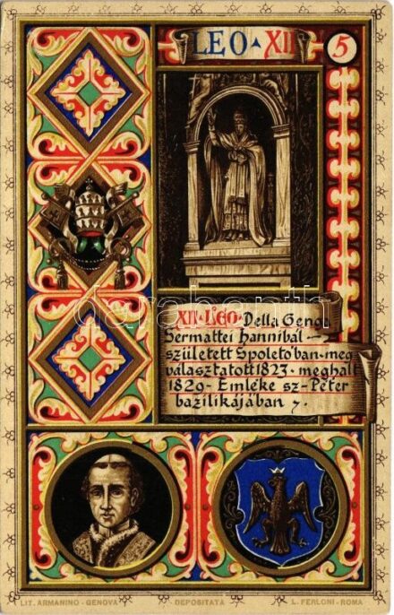 Pope Leo XII. Lit. Armanino Genova L. Ferloni, Art Nouveau, floral, litho
