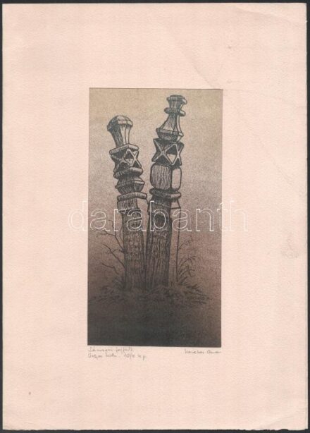 Kerekes Anna (?-): Sámsoni fejfák (10/4), vegyes technika, papír, jelzett, paszpartuban, 21×11 cm