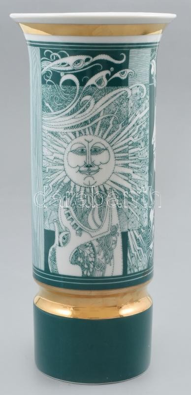 Hollóházi Szász Endre által tervezett mintával díszített porcelán váza, matricás, jelzett, hibátlan, m: 20 cm