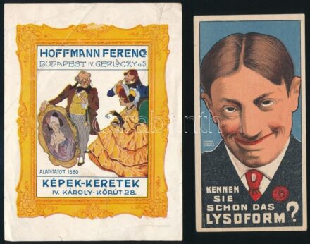 cca 1910-1930 Lysoform német nyelvű számolócédula, Bp., Bakács Litográfia + Hoffmann Ferenc képkeretező reklám nyomtatványa, hajtott, a hátoldala firkált