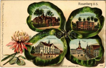 Olesno, Rosenberg O.S.; St. Anna Wallfahrtskirche, Kath. Schullehrer Seminar, Krankenhaus, Ring / pilgrimage church, Catholic teachers' seminary, hospital, square. Verlag Johann Nowatzki. Art Nouveau, Emb. litho (pinholes)