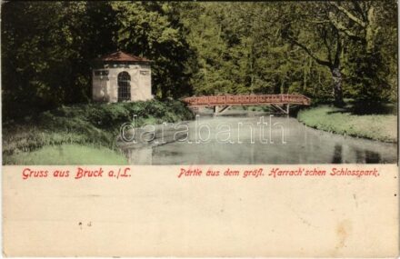 1909 Lajtabruck, Bruck an der Leitha; Partie aus dem gräfl. Harrach'schen Schlosspark / Harrach (Prugg) kastély parkja. Verlag Alex J. Klein (Wien) Nr. 357. / castle park (Rb)