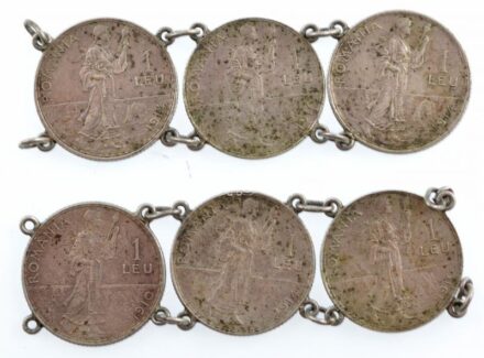 Románia 1910. 1L Ag 'I. Károly' (3x) + 1914. 1L Ag 'I. Károly' (3x). Mind a hat érme fülekkel, karkötővé alakítva T:2,2- patina Romania 1910. 1 Leu Ag 'Carol I' (3x) + 1914. 1 Leu Ag 'Carol I' (3x). All six coins with ears, refurbished