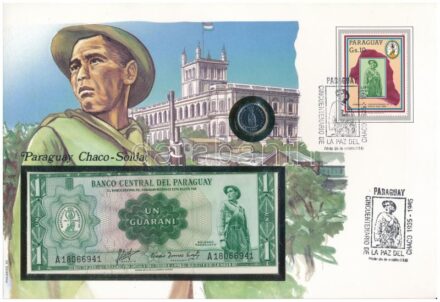 Paraguay 'Chaco katona' érmés és bankjegyes, pecsételt boríték benne 1984. 1G rozsdamentesacél érmével és 1952. 1G bankjeggyel a PHILSWISS kiadásában, német leírással T:1,I