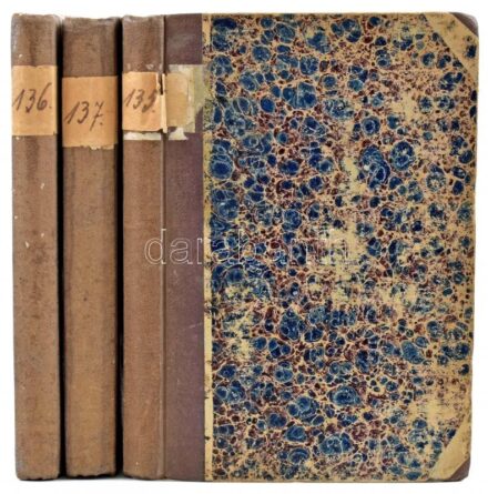 [Twain, Mark - Dudley, Charles Warner] Twain Márk-Waner Károly Dudley: Az aranyozott kor. I-III. köt. Amerikai regény. Ford.: Mudrony Pál. Bp., 1876., Athenaeum, 223+(2) p.; 218+(3) p.; 280+(2) p. Átkötött félvászon-kötésben, kissé