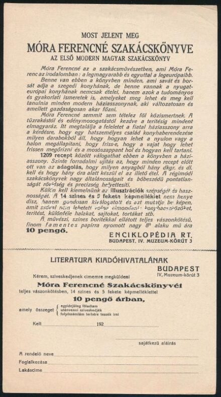 cca 1920 Móra Ferencné szakácskönyve. Enciklopédia kiadó prospektusa, kitöltetlen megrendelő ívvel