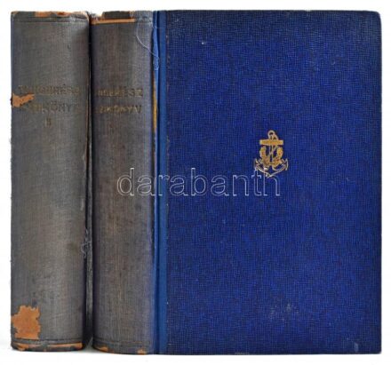 Tengerész kézikönyv. I-II. köt. Bp., 1943, Magyar Tengerésztisztek Egyesülete. Fekete-fehér képekkel, ábrákkal illusztrálva. Kiadói aranyozott félvászon-kötés, sérült gerinccel, az első kötet elején egy hiányzó lappal.