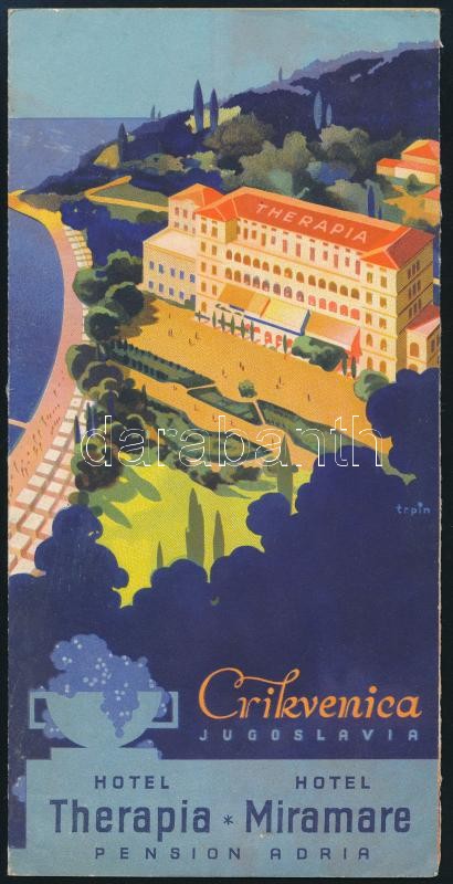cca 1920-1930 Vegyes Adriával kapcsolatos utazási prospektus, 2 db: Crikvenica - Hotel Therapia - Hotel Miramare, 'Adria Gyöngye' - Rab szigete, magyar nyelvű, fekete-fehér fotókkal illusztrált prospektusok, az első hiányos, a másikon kis