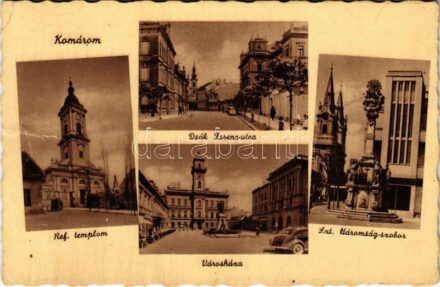 1943 Komárom, Komárno; Református templom, Deák Ferenc utca, Városháza, Szentháromság szobor / Calvinist church, street view, town hall, Holy Trinity statue (b)