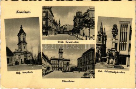 1942 Komárom, Komárno; Református templom, Deák Ferenc utca, Városháza, Szentháromság szobor / Calvinist church, street view, town hall, Holy Trinity statue (EK)