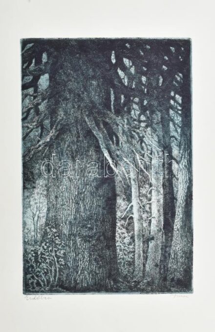ifj. Imre István (1950-): Erdőben. Rézkarc, akvatinta, papír, jelzett. 29x20 cm