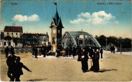 1915 Győr, Színház a Rába híddal, időjárásjelző torony. Vasúti levelezőlapárusítás 21. (Rb)