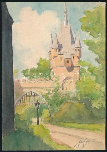 Jakab Gyula (1910-1991): Budapest, Városliget (1939). Akvarell, papír, jelzett, 24×17 cm