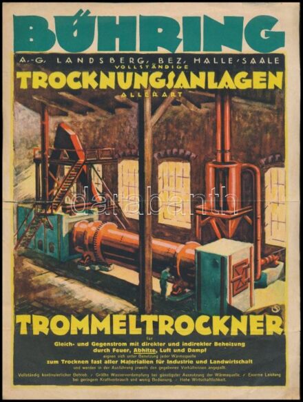 cca 1930 'Bűhring A.G. Trommeltrockner (dobszárító)', szárítóberendezésket forgalmazó cég német nyelvű villamosplakátja, a hátoldalán infókkal, hajtott, kis szakadással, 29x22 cm