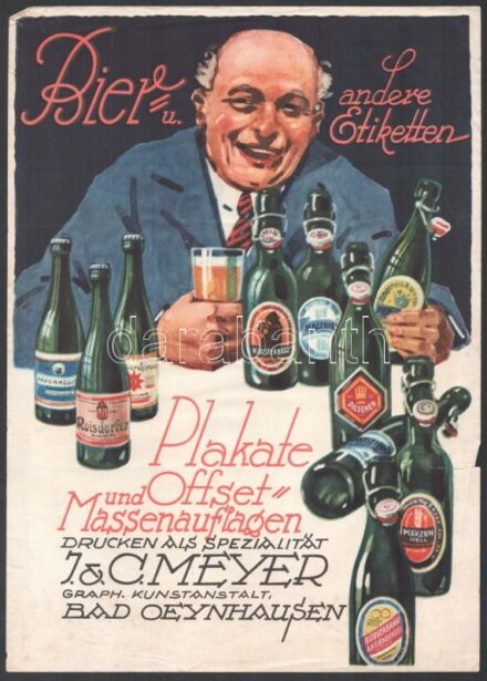cca 1920-1940 Vegyes alkoholos italokat reklámozó villamosplakát, 3 db, német nyelven, J. & C. Meyer: Bier- und andere Etiketten, Bavaria Export-Bier, Hayek Halb und Halb, 29x20 cm és 29x21 cm közötti méretben