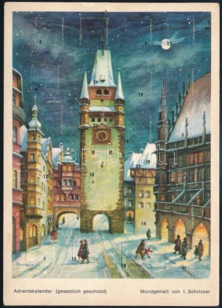 Grafikus adventi naptár, I. Schricker szájjal festő művész illusztrációjával, kinyitható ablakokkal, 14,5x10,5 cm