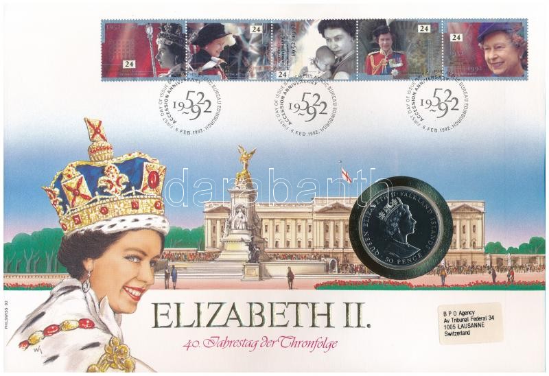 Falkland-szigetek 1992. 50P Cu-Ni 'II. Erzsébet uralkodásának 40. évfordulója' érmés bélyeges borítékban német nyelvű ismertetővel T:1 Falkland Islands 1992. 50 Pence Cu-Ni '40th Anniversary - Reign of Queen Elizabeth II' in coin