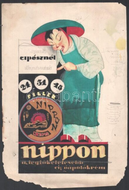 cca 1920-1930 'Nippon a legtökéletesebb cipőápolókrém', reklámterv, akvarell-ceruza, papír, jelzés nélkül, a szélén ceruzás jegyzetekkel, 28x16 cm, papír: 33x22 cm
