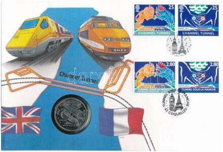 Gibraltár 1993. 2,8Ecus Cu-Ni 'Csatorna-alagút' emlékérme közös angol-francia kiadású felbélyegzett borítékban, német nyelvű ismertetővel T:1 Gibraltat 1993. 2,8 Ecus Cu-Ni 'Channel Tunnel' commemorative coin in joint English-Frenc