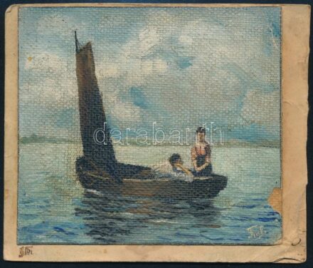 Figl jelzéssel: Szerelmesek vitorláson. Olaj, vászon. Körbevágott levelezőlapra kasírozva, szélén kis sérüléssel, 8,5x7,5 cm