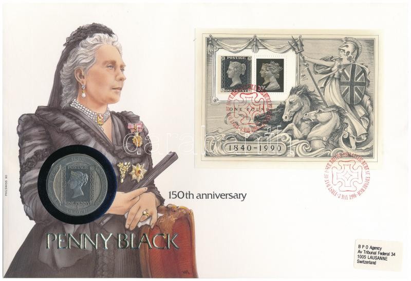 Man-sziget 1990. 1C 'Penny Black' érmés borítékon elsőnapi bélyegzős bélyegblokkal, német nyelvű leírással T:1,1- Isle of Man 1990. 1 Crown 'Penny Black' coin letter with first day of issue stamp with description in German C:UNC,AU