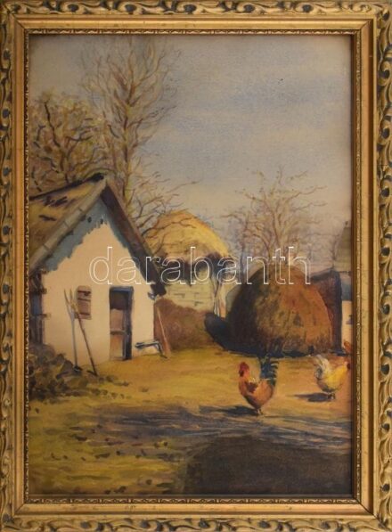 Olvashatatlan jelzéssel: Baromfiudvar. Akvarell, papír. Üvegezett, kissé sérült fakeretben. 34x23 cm