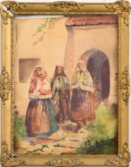 Glock Klára (1896-1966): Lányok népviseletben. Akvarell, ceruza, papír. Jelzett. Sérült. Üvegezett, sérült fakeretben, 24×18 cm