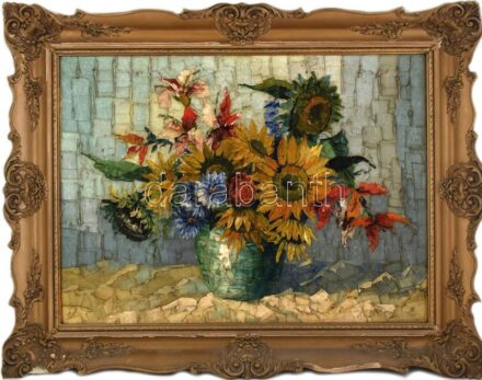 B. Balogh (Balkányi-Balogh?) jelzéssel: Virágok. Olaj, vászon, javított. Dekoratív, sérült fakeretben, 60x80 cm