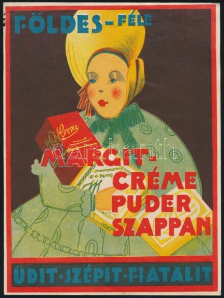 cca 1920 'Földes-féle Margit-créme puder szappan üdit, szépít, fiatalít', villamosplakát, 23x17cm