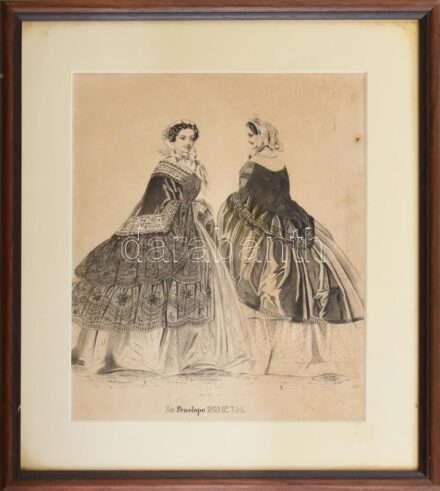 Divatillusztráció a Penelope c. lapból, 1859 júliusi számából. Litográfia, papír. Jelzés nélkül. Kissé foltos. Üvegezett fakeretben, 22x18 cm