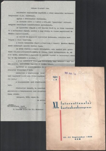 1935 Róma, a XI. Nemzetközi Kertészeti Kongresszus német nyelvű, képes ismertető füzete + a budapesti előkészítő bizottság levele a kongresszuson való részvétel feltételeiről, a jelentkezéshez szükséges 2 db kitöltetlen