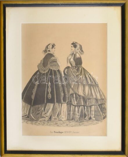 Divatillusztráció a Penelope c. lapból, 1859 januári számából. Litográfia, papír. Jelzés nélkül. Üvegezett fakeretben, 22x18 cm