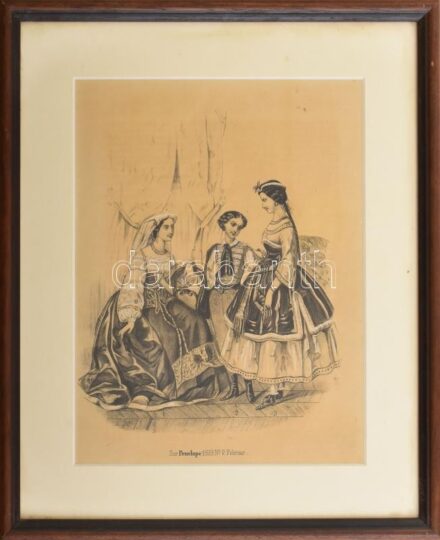 Divatillusztráció a Penelope c. lapból, 1859 februári számából. Litográfia, papír. Jelzés nélkül. Üvegezett fakeretben, 22x17 cm
