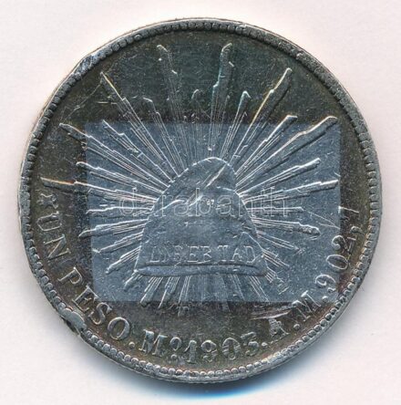 Mexikó 1903Mo-AM 1P Ag T:3 ph., patina Mexico 1903Mo-AM 1 Peso Ag C:F edge error, patina Krause KM# 409