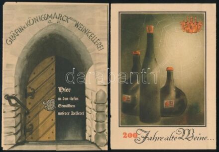 cca 1910-1936 Vegyes német nyelvű italreklám prospektus, benne árjegyzékkel is, egy duplummal, 4 db: Aepfelwein-Dampf-Kelterei und Versand-Geschäft Joh. Georg Rackles Frankfurt am Main (litografált borítóval), 200 Jahre alte Wein (x2),