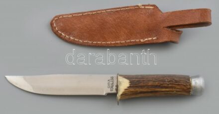 Vadásztőr szarvasagancs nyéllel, bőr tokkal, h: 23 cm