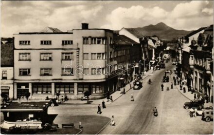 1955 Liptószentmiklós, Liptovsky Mikulás; Stefánikova ulica, Pohlad na západ / Stefánik utca / street view, automobiles (EK)