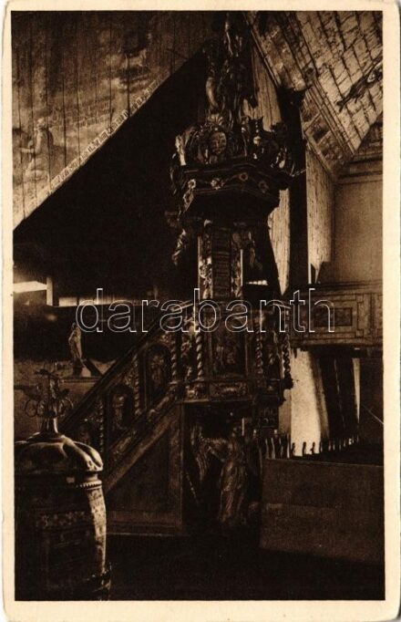 Késmárk, Kezmarok; Kazatelna v evanjelickom drevenom kostole / Szószék az evangélikus fatemplomban / Lutheran wooden church, interior (EK)