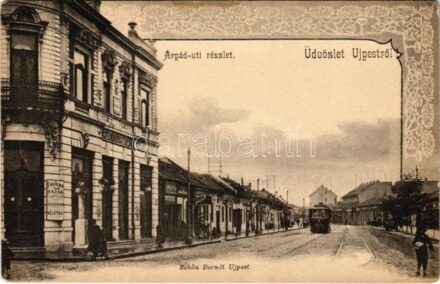 Budapest IV. Újpest, Árpád út, villamos, kávéház. Schön Bernát kiadása (fl)